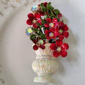 Vtg 50s 60s Large Red Metal Flowers AB Rhinestones Iridescent Vase Pot Brooch